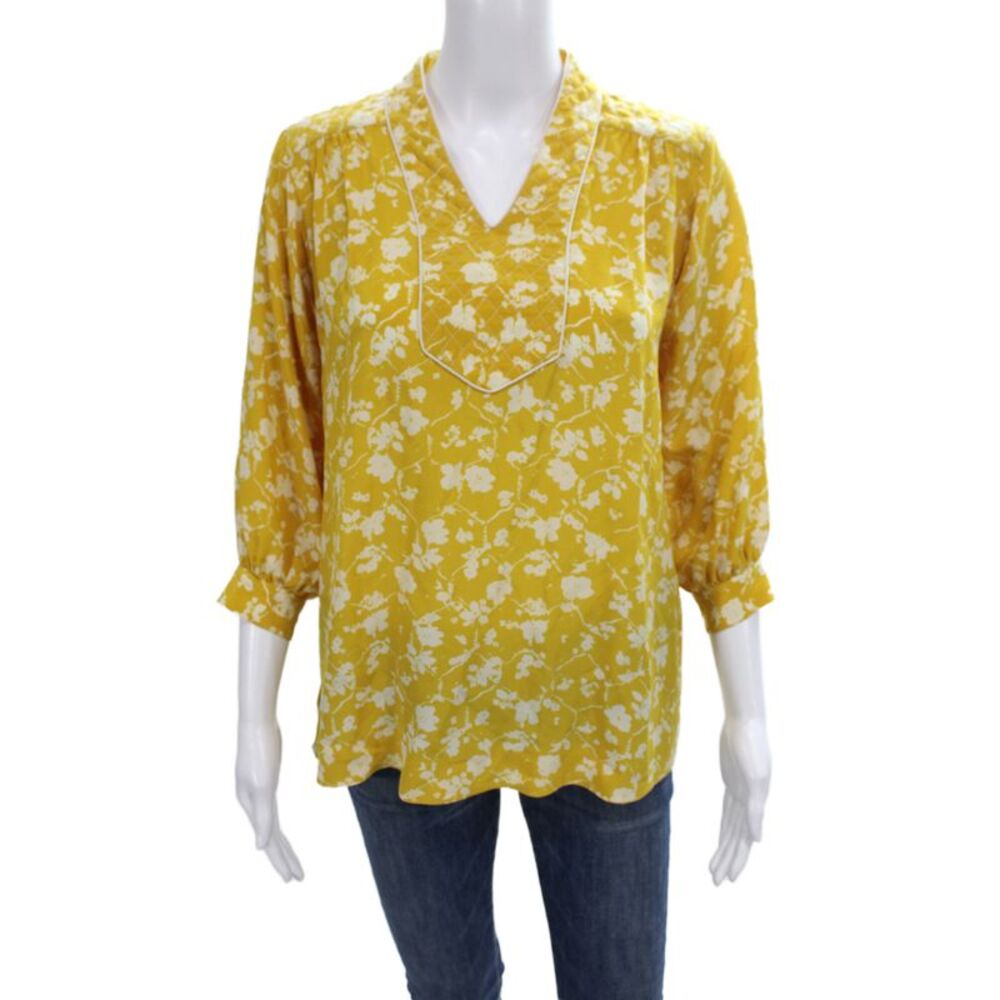 Lauren Moffatt Womens Silk Floral Tunic Blouse Yellow V-Neck 3/4 Sleeve Size XS